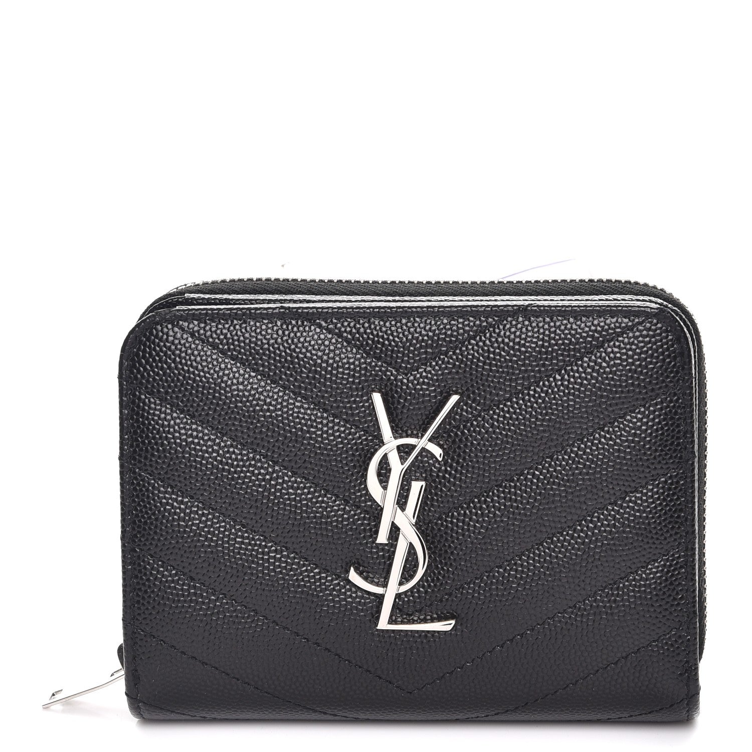 Saint Laurent Grain De Poudre Matelasse Chevron Monogram Compact Zip Around Wallet Black 1 of 9