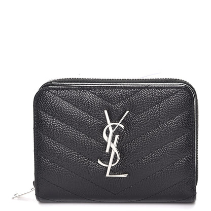 Saint Laurent Grain De Poudre Matelasse Chevron Monogram Compact Zip Around Wallet Black 1 of 9