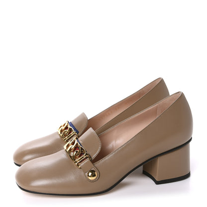 Gucci Malaga Kid Sylvie Web Chain Mid Heel Loafers 36 Mud 3 of 10