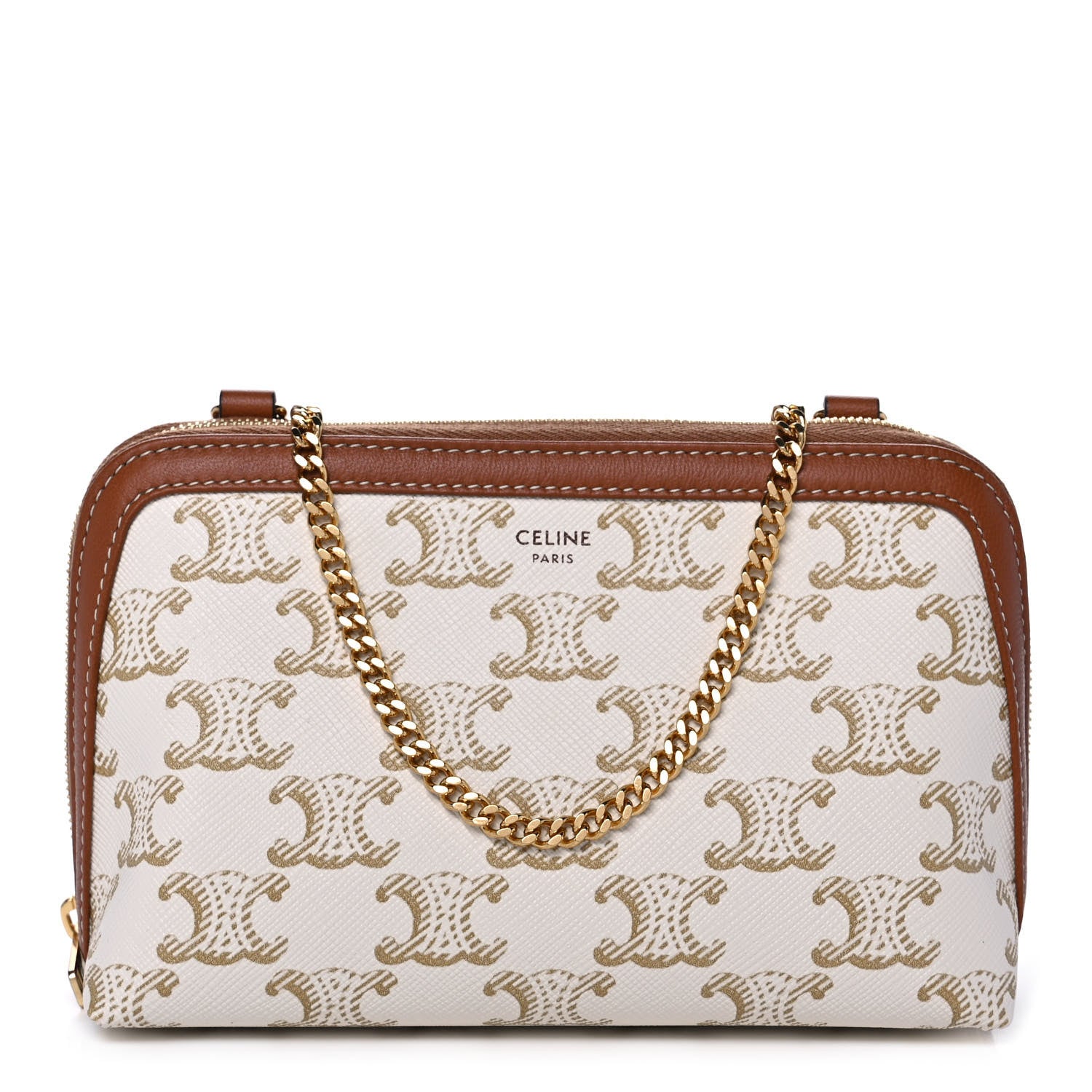 Celine Lambskin Triomphe Canvas Clutch With Chain White Tan 1 of 10