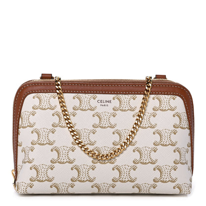 Celine Lambskin Triomphe Canvas Clutch With Chain White Tan 1 of 10