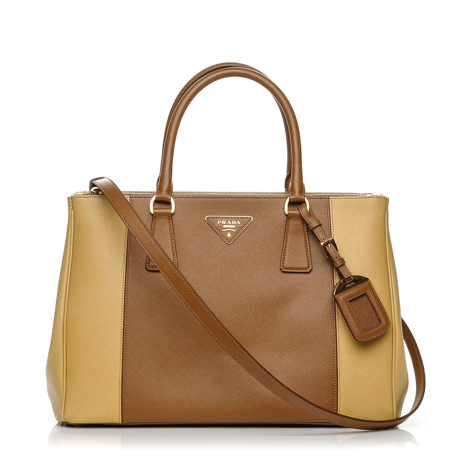 Prada Saffiano Lux Medium Bi-Color Double Zip Tote Caramel Gine 1 of 7