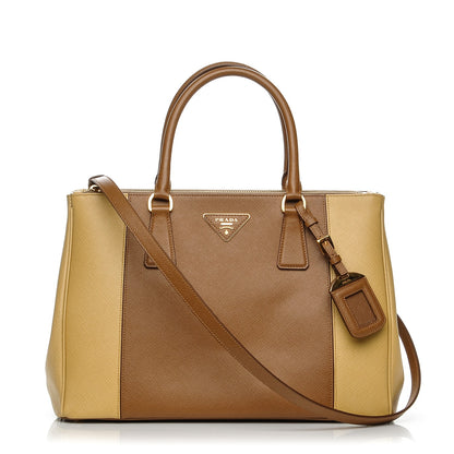 Prada Saffiano Lux Medium Bi-Color Double Zip Tote Caramel Gine 1 of 7