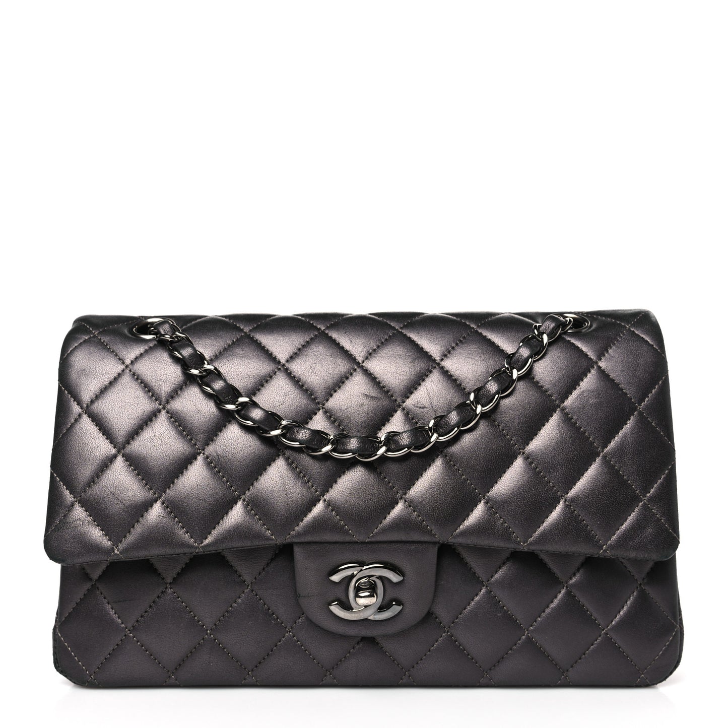 Metallic Lambskin Quilted Medium Double Flap Pewter