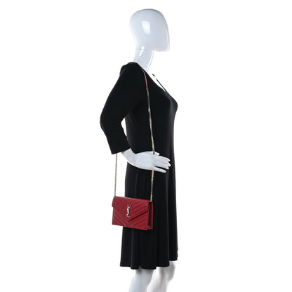 Saint Laurent Grain De Poudre Matelasse Chevron Monogram Envelope Chain Wallet Rouge Eros 2 of 13