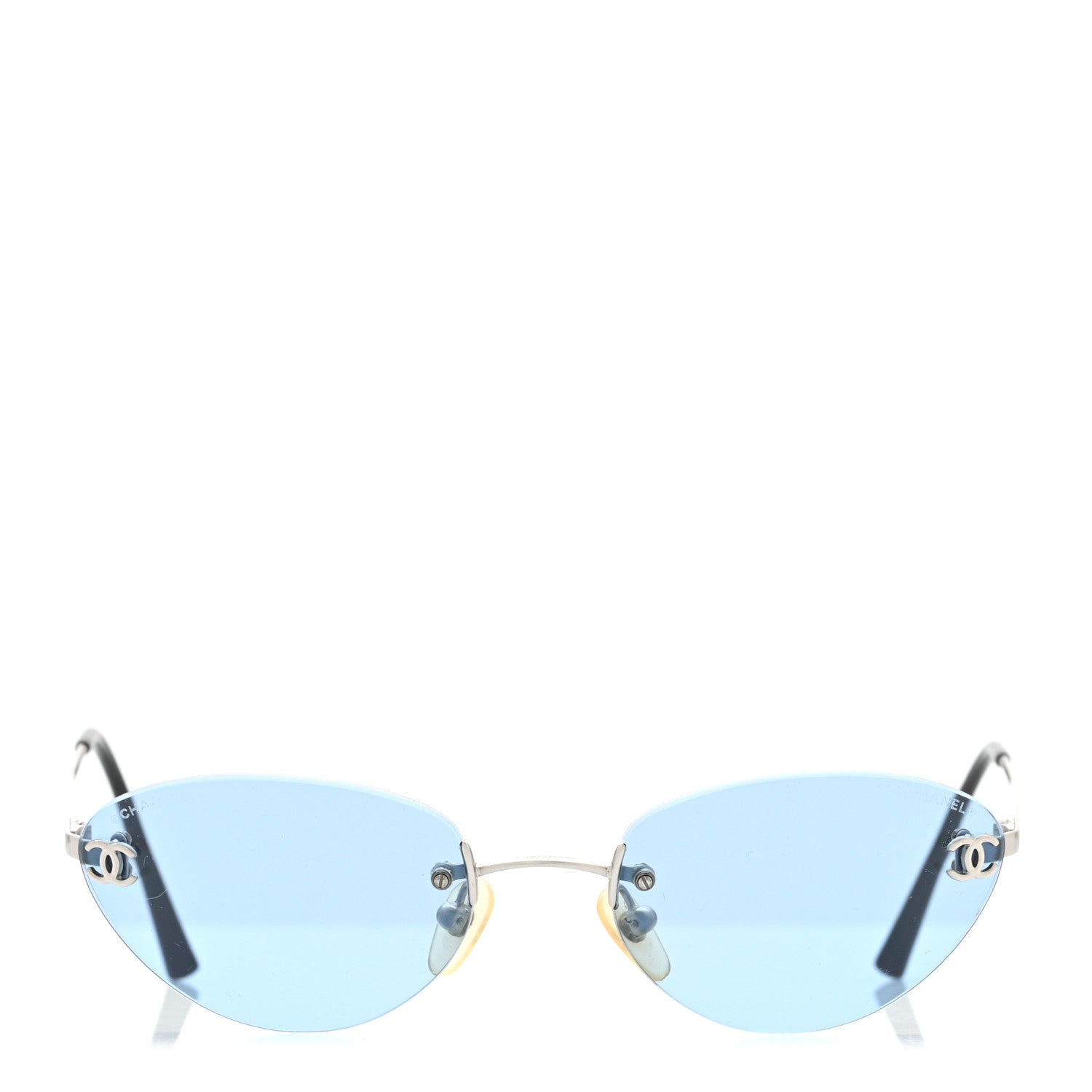 CHANELのリムレス（縁なし）モデル　ブルーレンズ Chanel Metal CC Oval Sunglasses 4013 Blue 1856509 – FASHIONPHILE