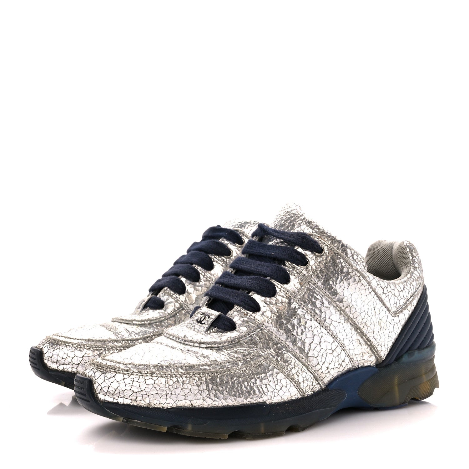 Chanel Metallic Crackled Calfskin CC Sneakers 38.5 Silver Black Navy 3 of 10
