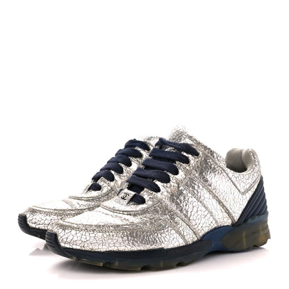 Chanel Metallic Crackled Calfskin CC Sneakers 38.5 Silver Black Navy 3 of 10