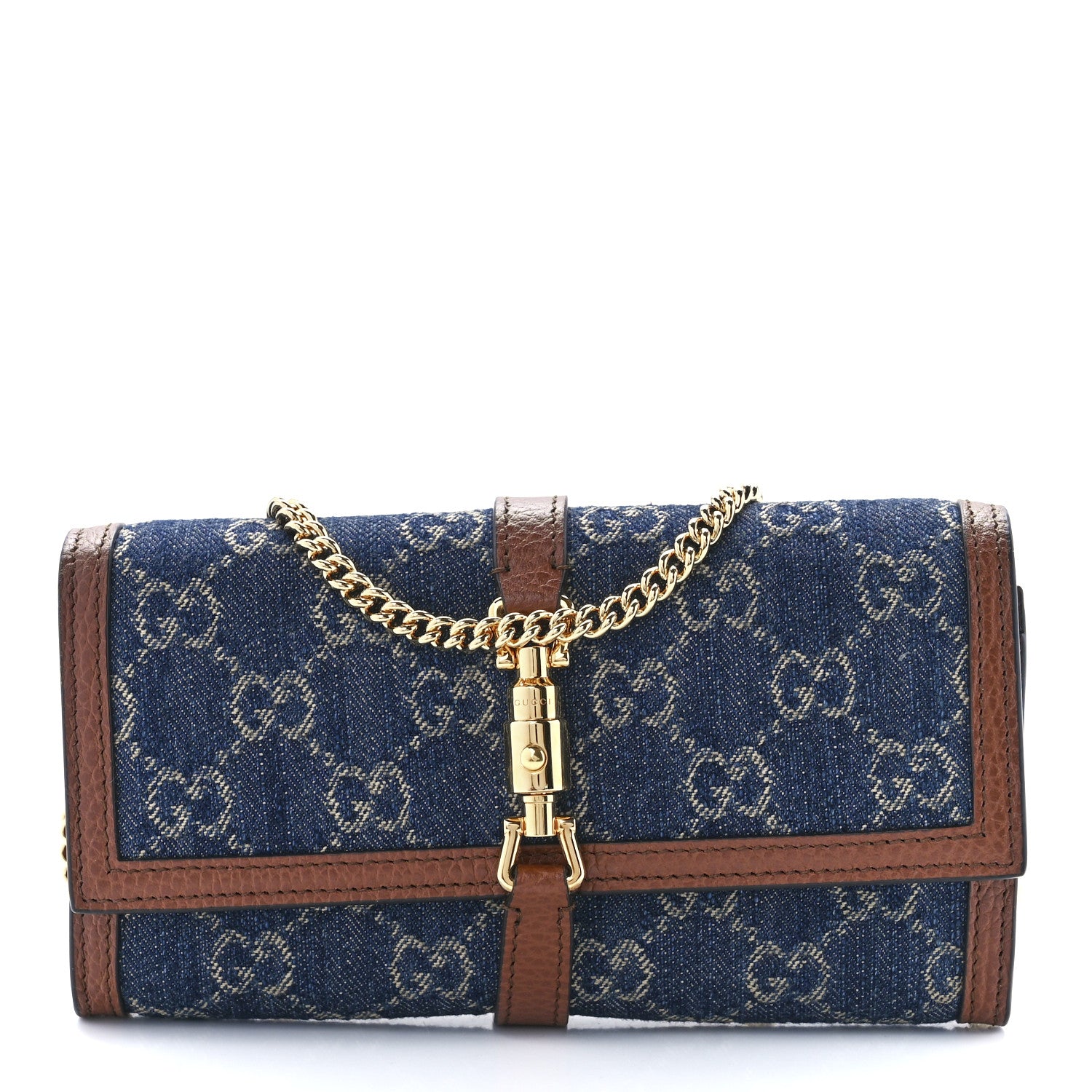 Gucci New Denim GG Monogram Jackie 1961 Chain Wallet Blue Tea Cuir 1 of 11