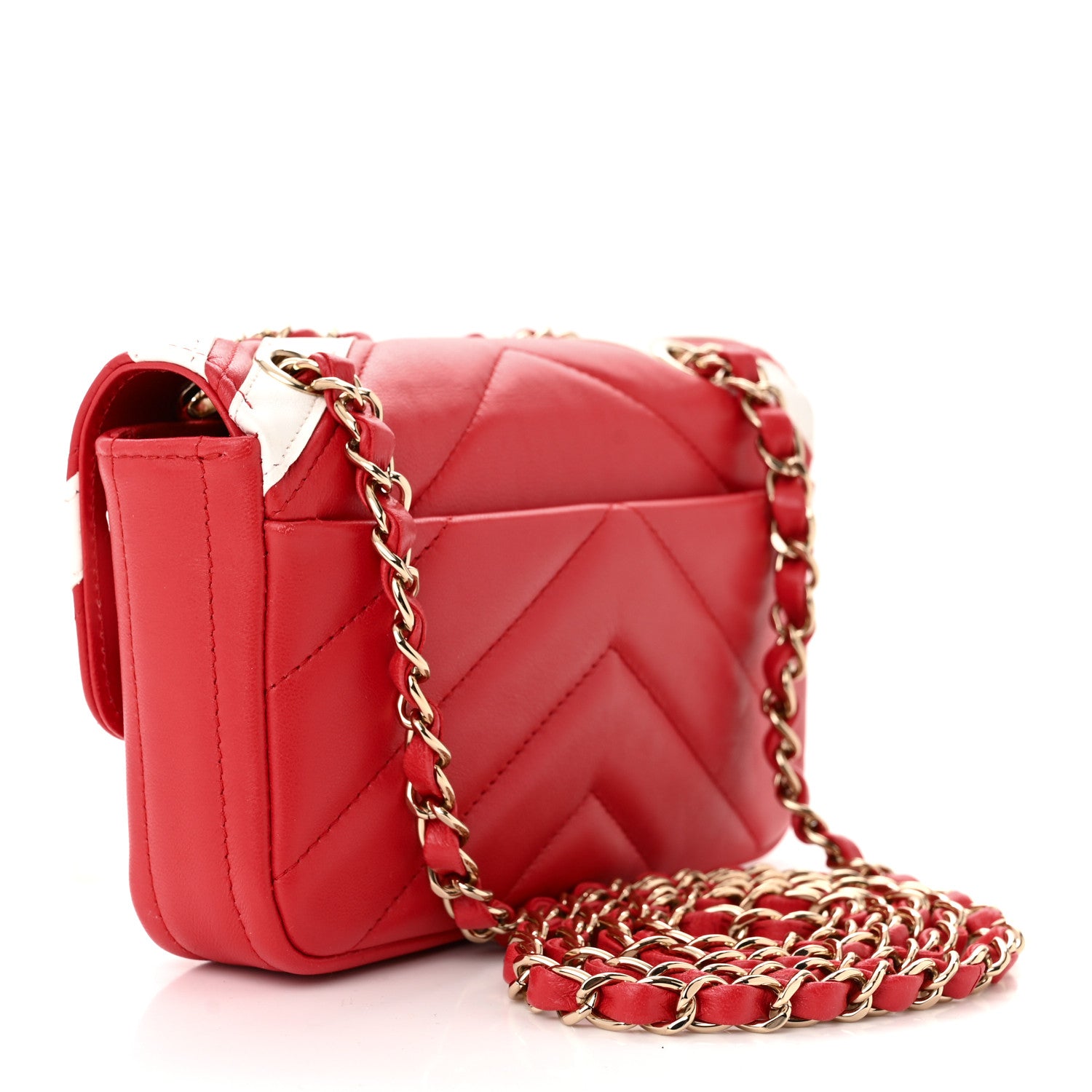 Chanel Lambskin Chevron Stitched Flap White Red 3 of 10