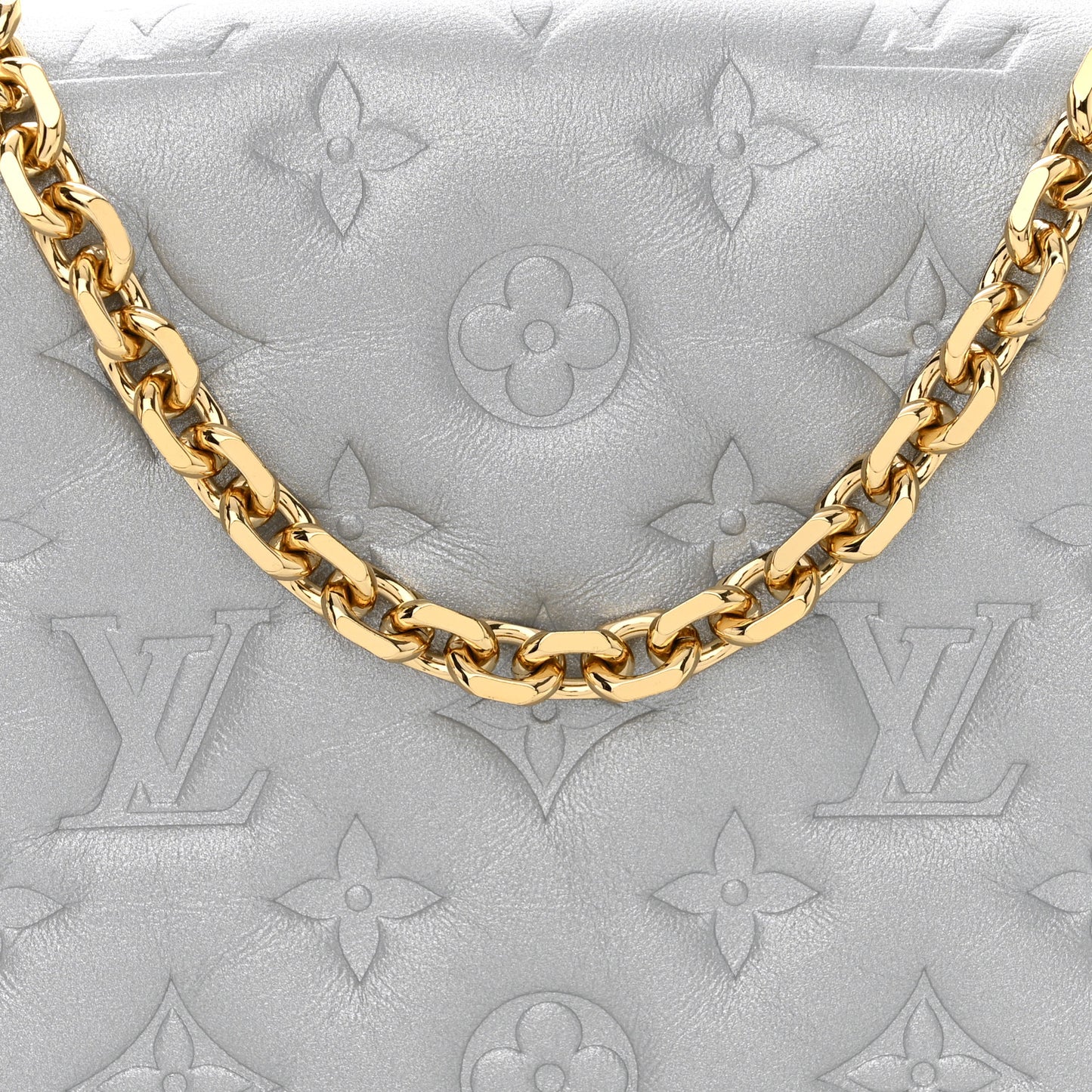 Metallic Lambskin Embossed Monogram Pochette Coussin Silver