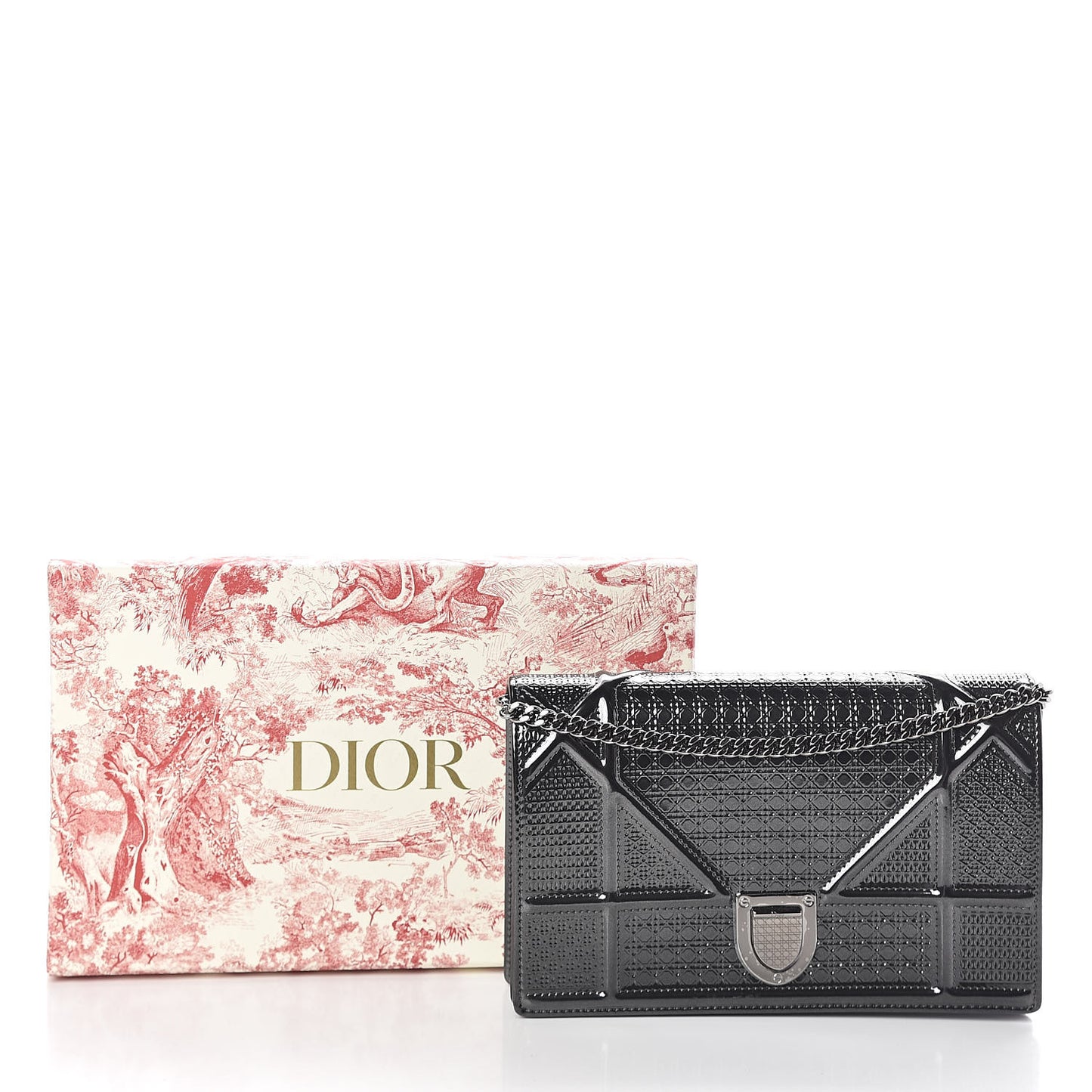 Metallic Patent Micro-Cannage Diorama Wallet on Chain Pouch Onyx Black
