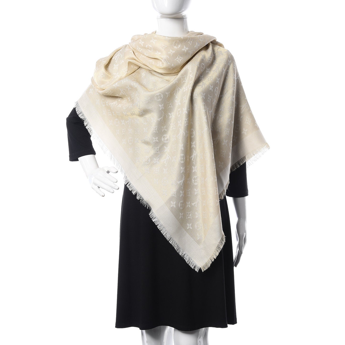 Silk Wool Monogram Shine Shawl Beige