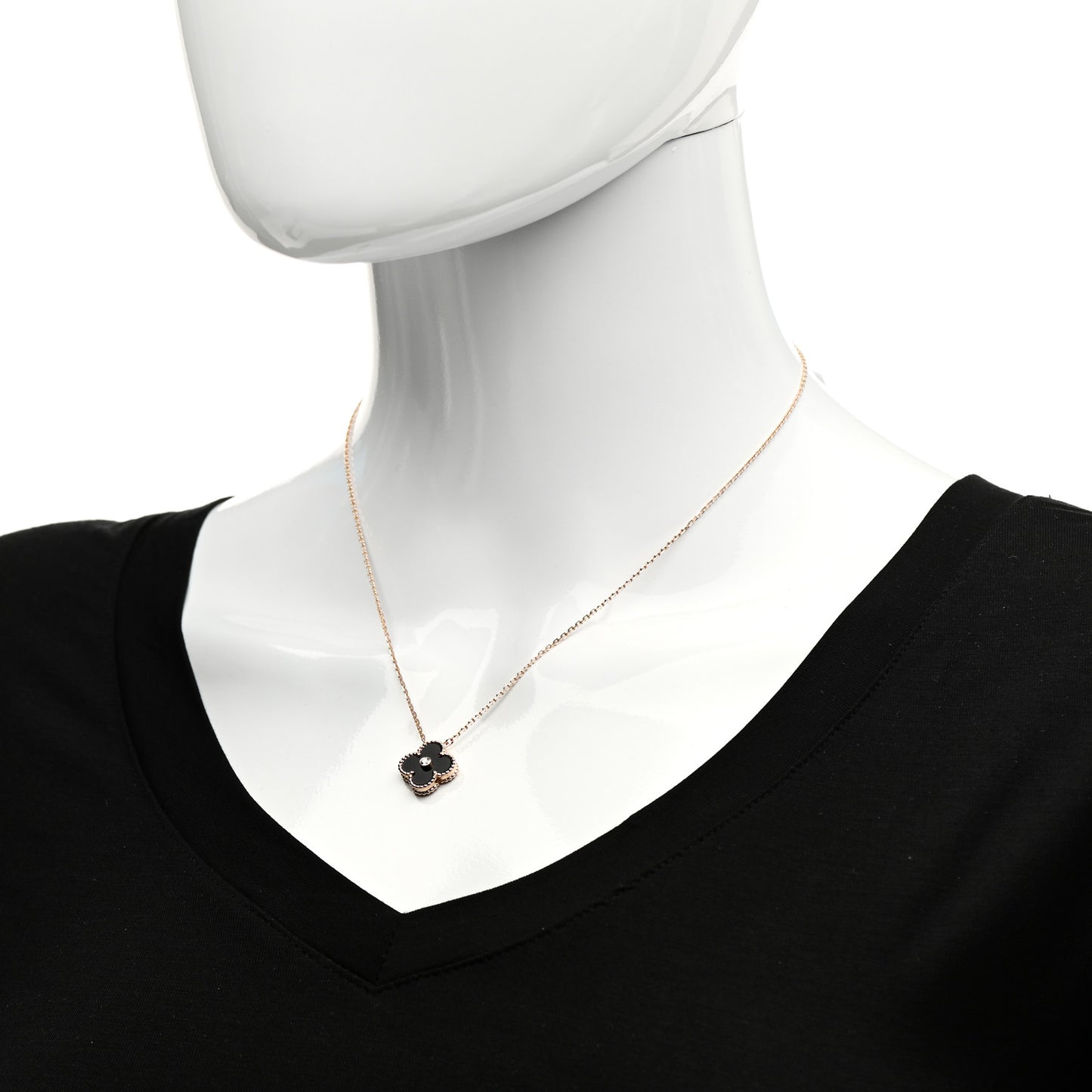 18K Rose Gold Diamond Black Onyx Vintage Alhambra Pendant Necklace