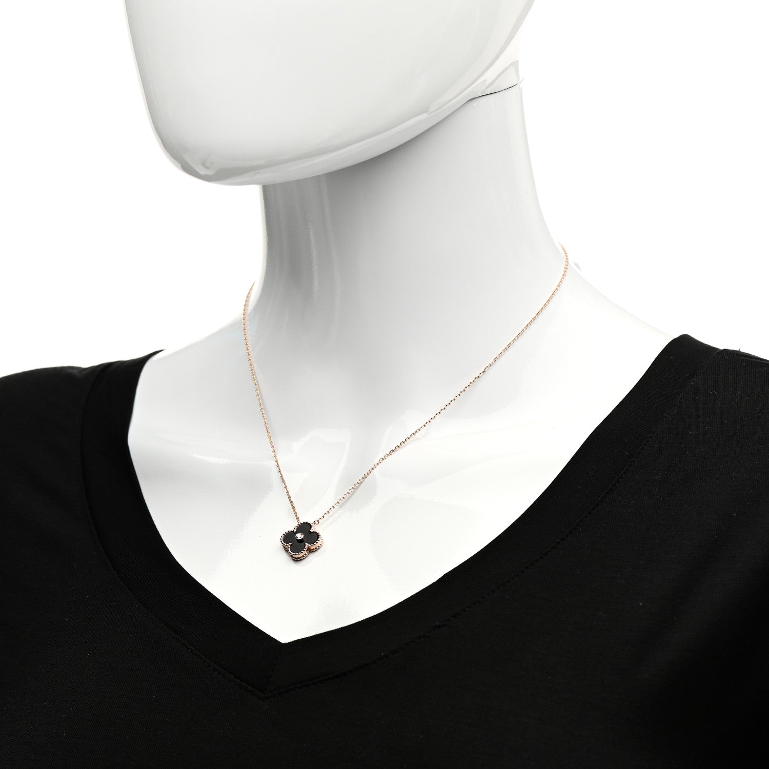 Van Cleef & Arpels 18K Rose Gold Diamond Black Onyx Vintage Alhambra Pendant Necklace 2 of 7