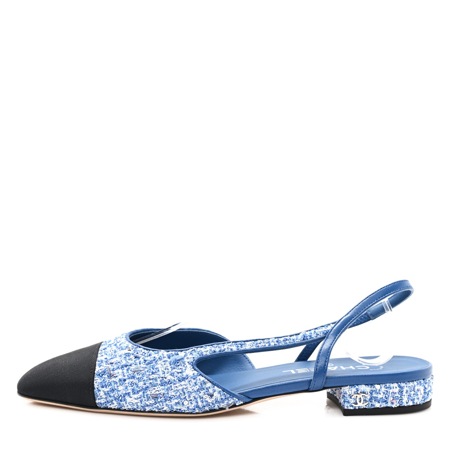 Chanel Tweed Grosgrain Cap Toe Slingback Flats 39 Blue White Black 1 of 9