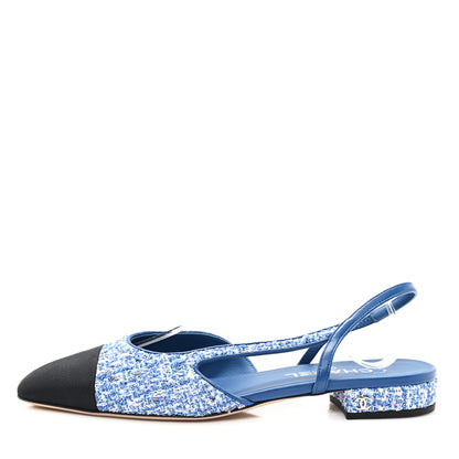 Chanel Tweed Grosgrain Cap Toe Slingback Flats 39 Blue White Black 1 of 9