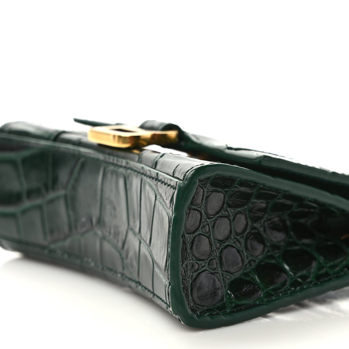 Shiny Calfskin Crocodile Embossed Hourglass Top Handle Bag Mini with Chain Forest Green