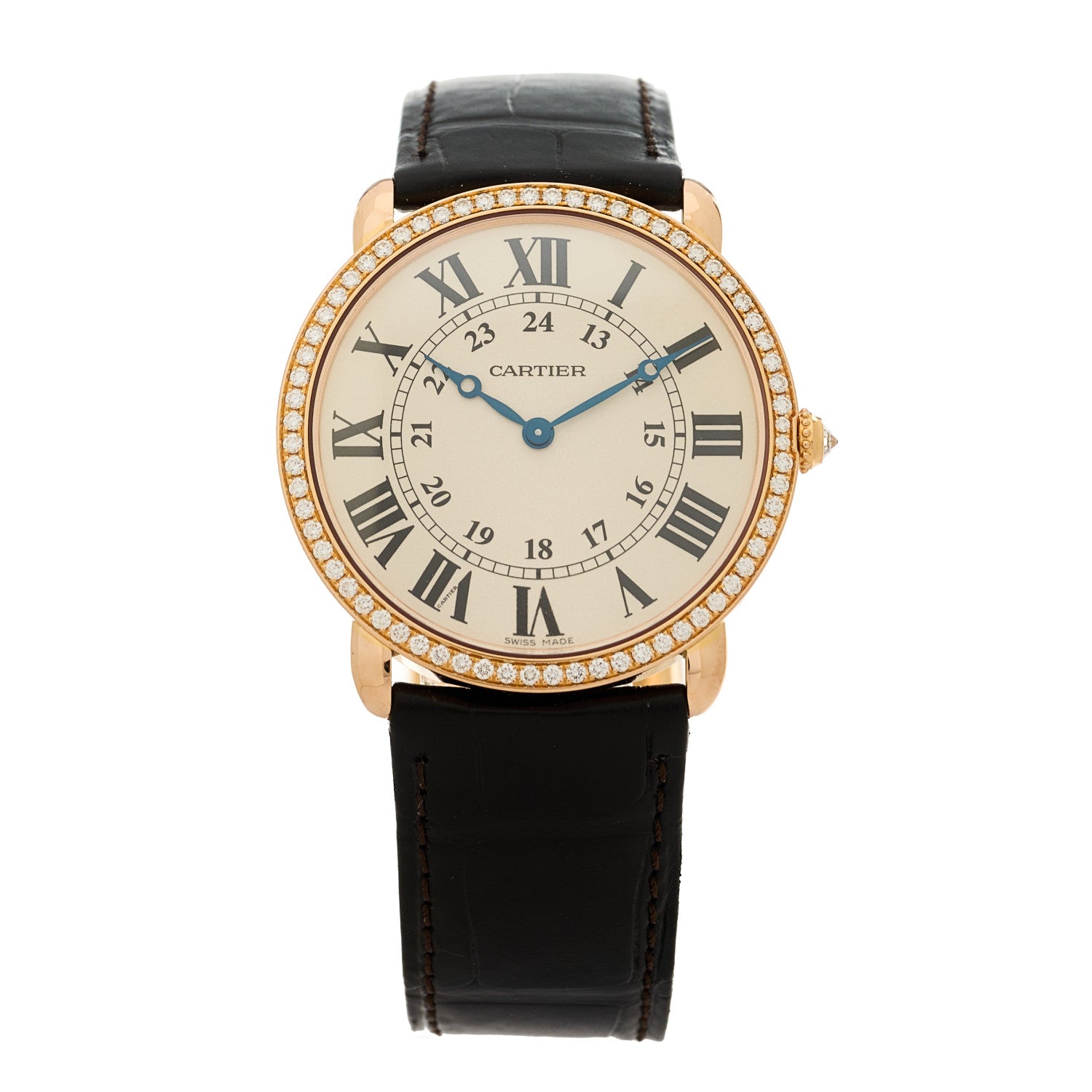 Cartier 18K Pink Gold Alligator Diamond Bezel 36mm Ronde Louis Manual Winding Watch Brown 1 of 5