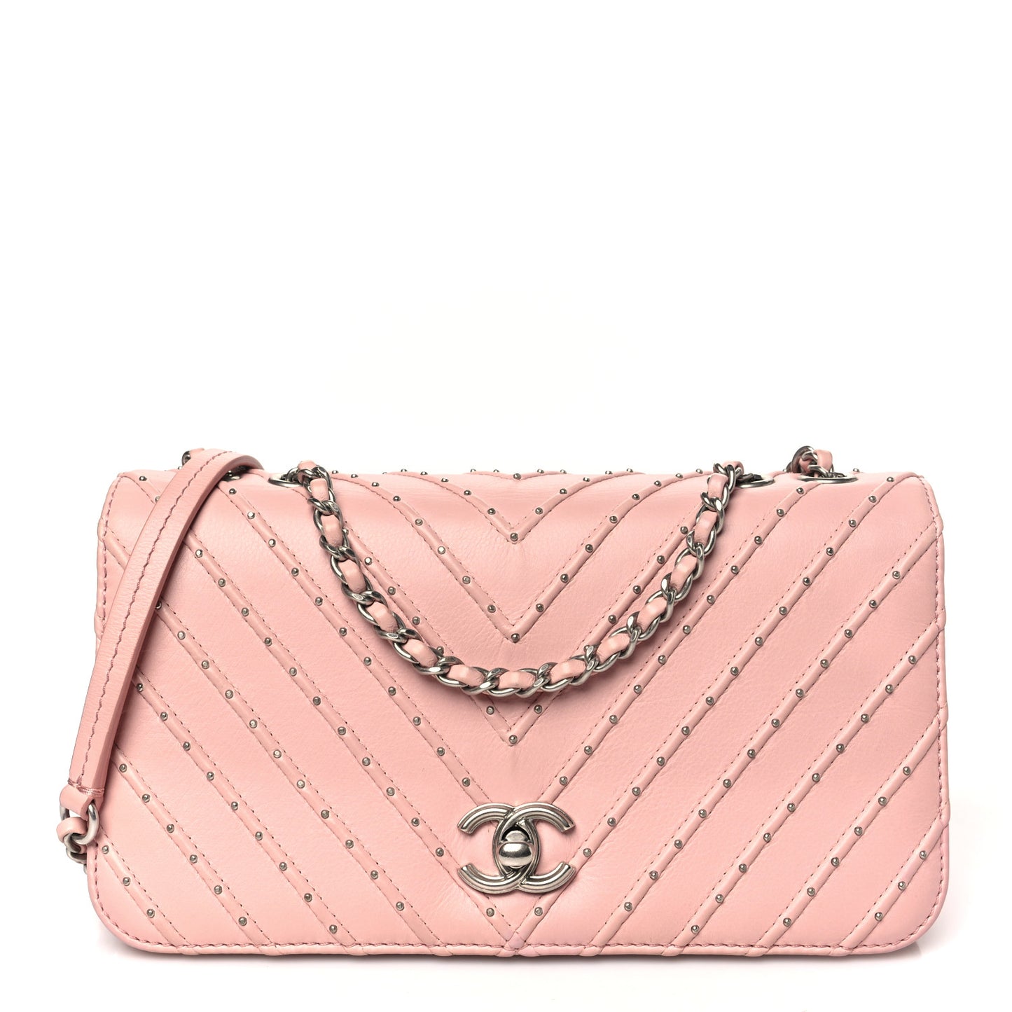 Calfskin Studded Chevron Quilted Flap Pink
