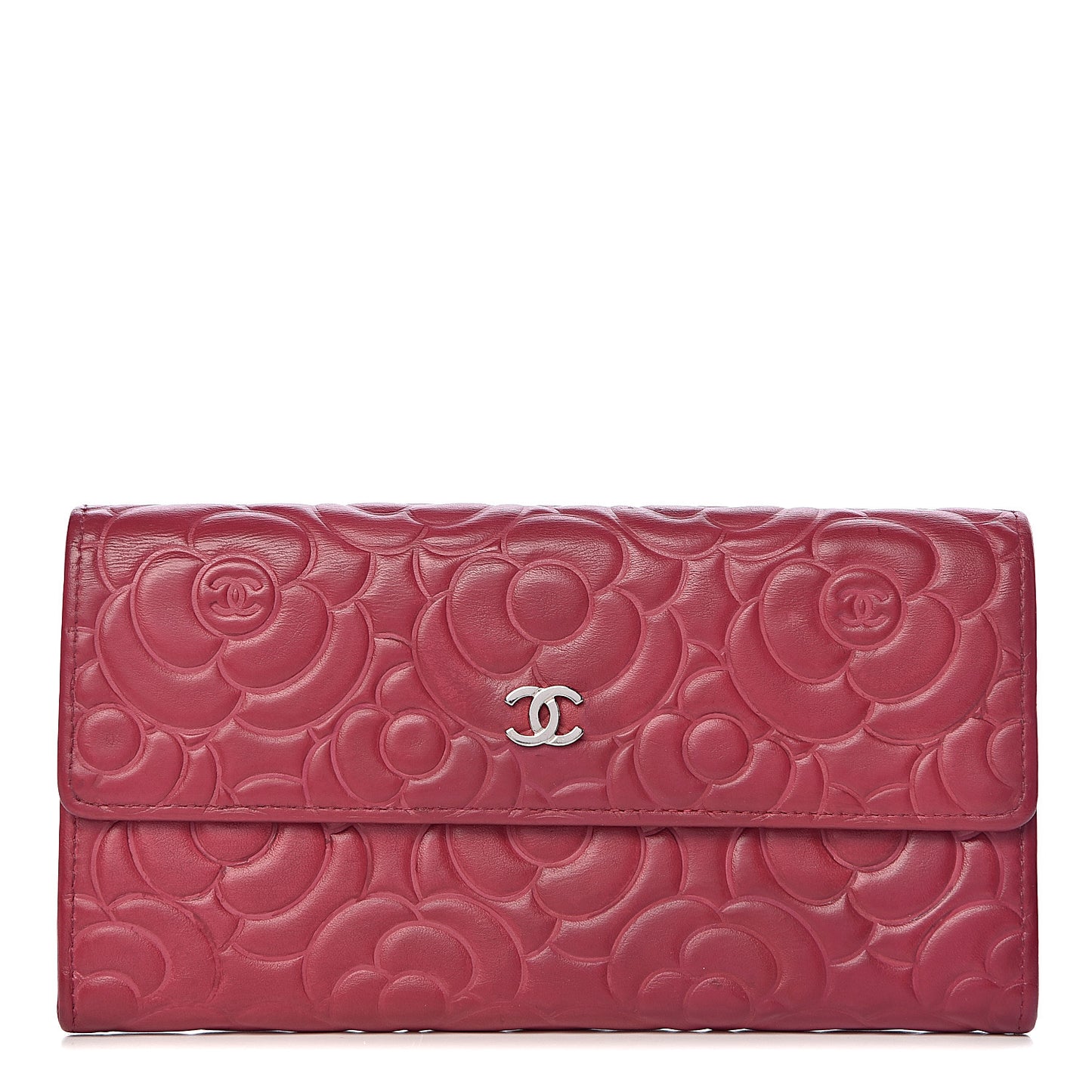 Lambskin Embossed Camellia Large Gusset Flap Wallet Pink