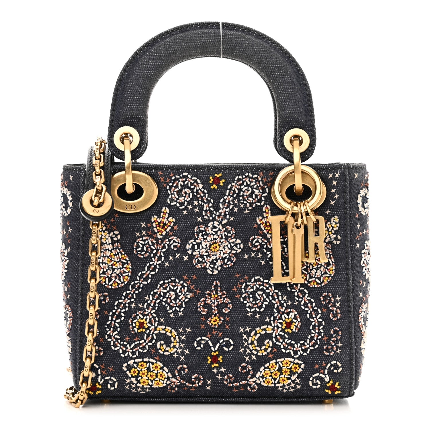 Christian Dior Denim Embroidered Beaded Mini Lady Dior Blue Multicolor 1 of 9