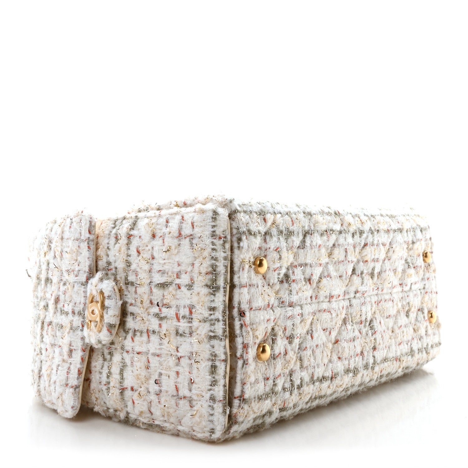 Chanel Tweed Quilted Small Chanel 25 Handbag Ecru Khaki Gold Red 4 of 11