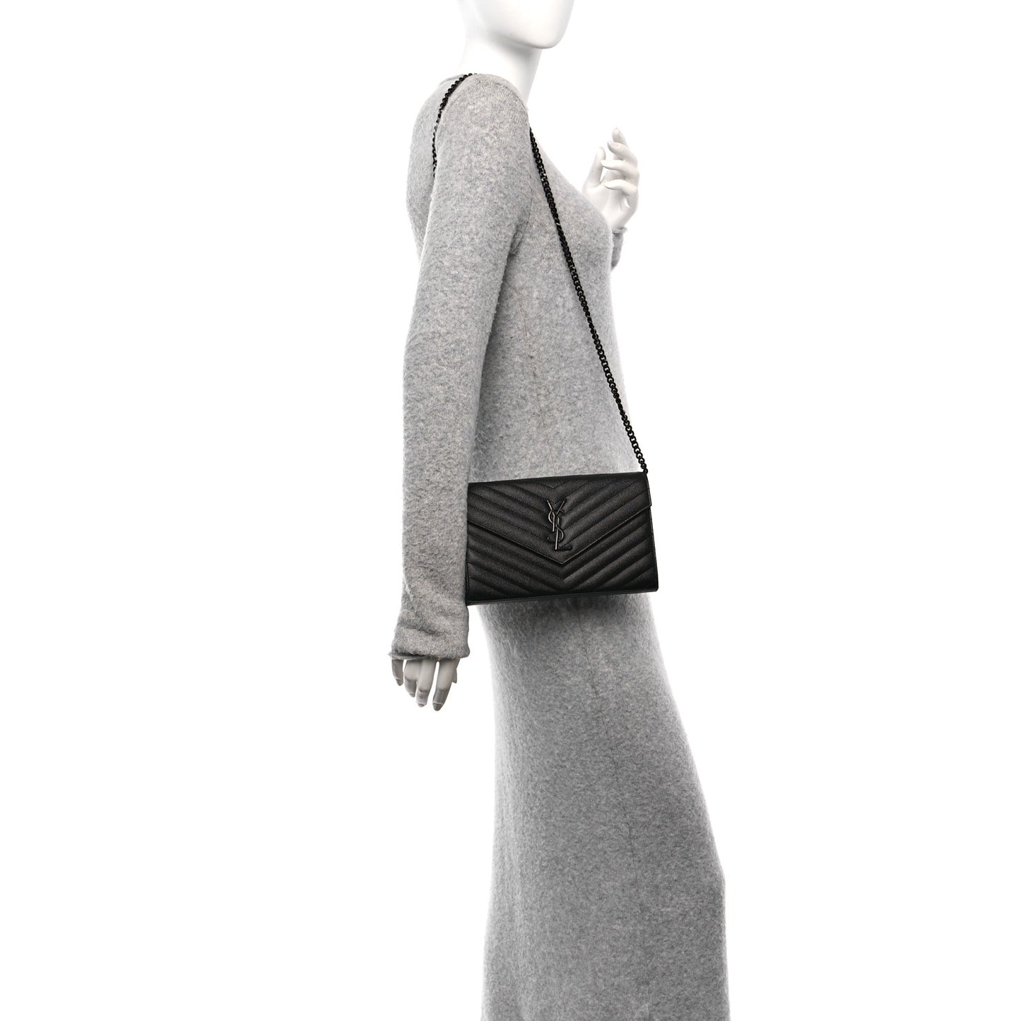 Grain De Poudre Matelasse Chevron Monogram Monochrome Chain Wallet Black