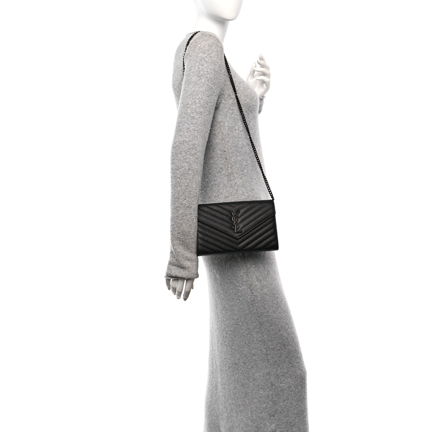 Saint Laurent Grain De Poudre Matelasse Chevron Monogram Monochrome Chain Wallet Black 2 of 10