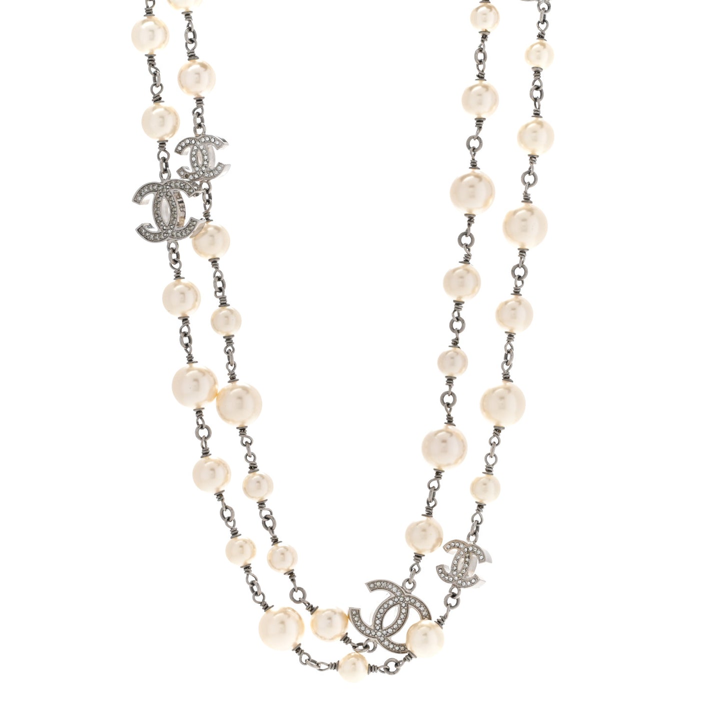 Graduated Pearl Crystal CC Long Necklace Silver