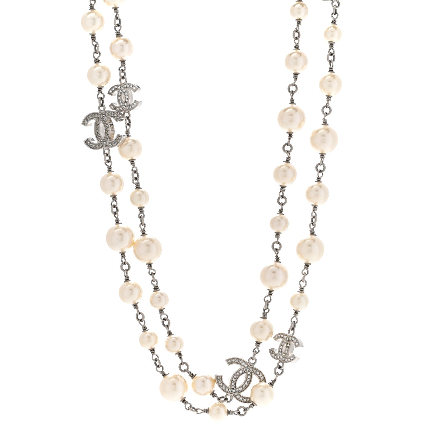 Chanel Graduated Pearl Crystal CC Long Necklace Silver 1 of 8