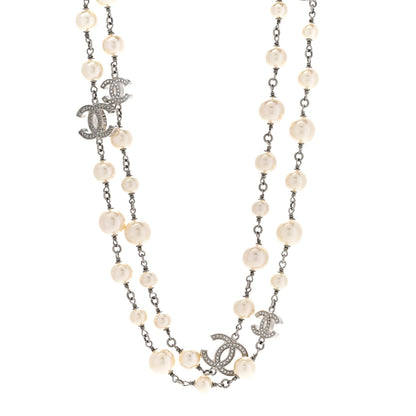 Chanel Graduated Pearl Crystal CC Long Necklace Silver 1 of 8