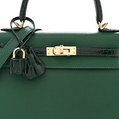 Hermes Madame Calfskin Shiny Alligator Kelly Sellier Touch 25 Vert Moyen 7 of 10