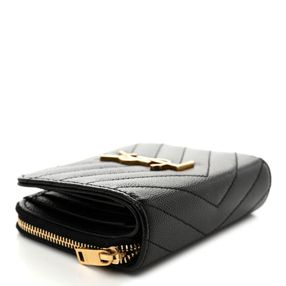 Saint Laurent Grain De Poudre Matelasse Chevron Monogram Compact Zip Around Wallet Black 4 of 8