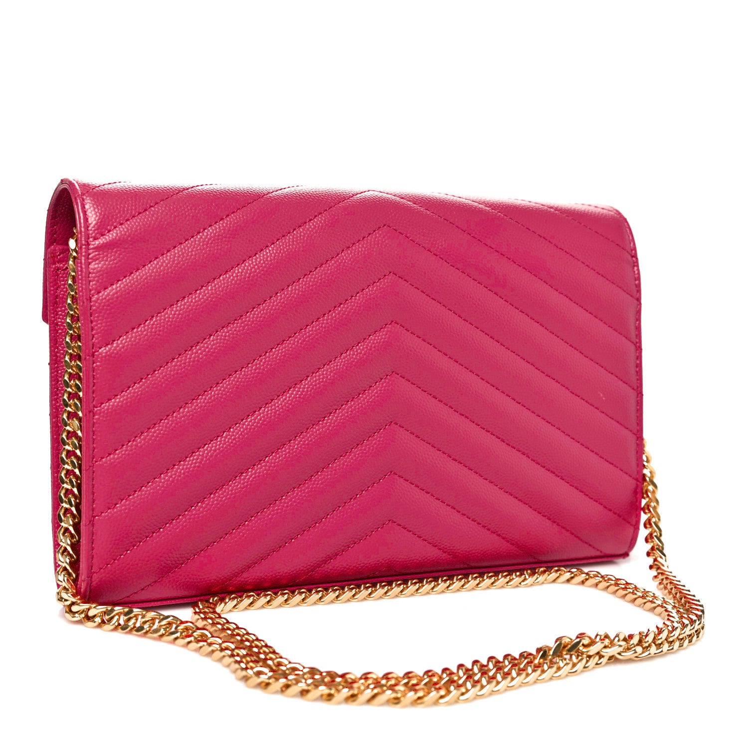 Saint Laurent Grain De Poudre Matelasse Chevron Monogram Chain Wallet Fuxia Couture 3 of 11