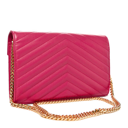 Saint Laurent Grain De Poudre Matelasse Chevron Monogram Chain Wallet Fuxia Couture 3 of 11