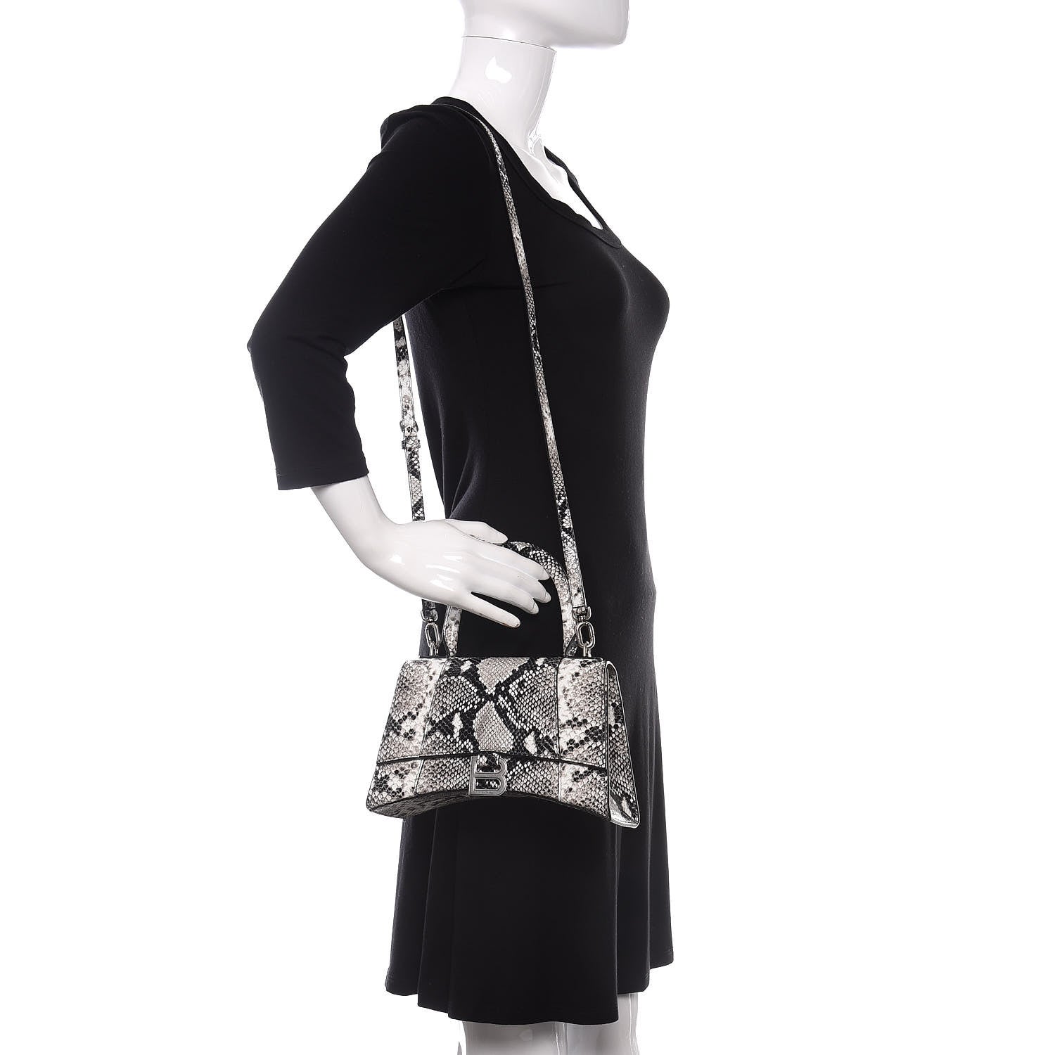 Balenciaga Calfskin Snake Effect Small Hourglass Top Handle Bag Black White 2 of 10