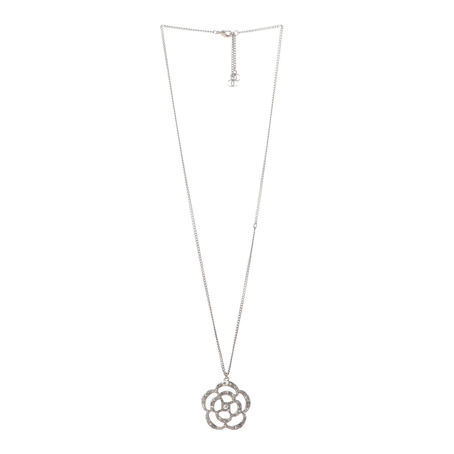 Chanel Pearl Crystal Large Camellia Pendant Necklace Light Gold 3 of 7