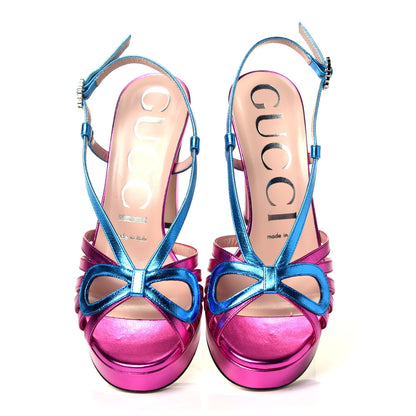Gucci Metallic Nappa Crystal Zephyra Slingback Platform High Heel Sandals 36.5 Fuchsia Dark Turquoise 6 of 13