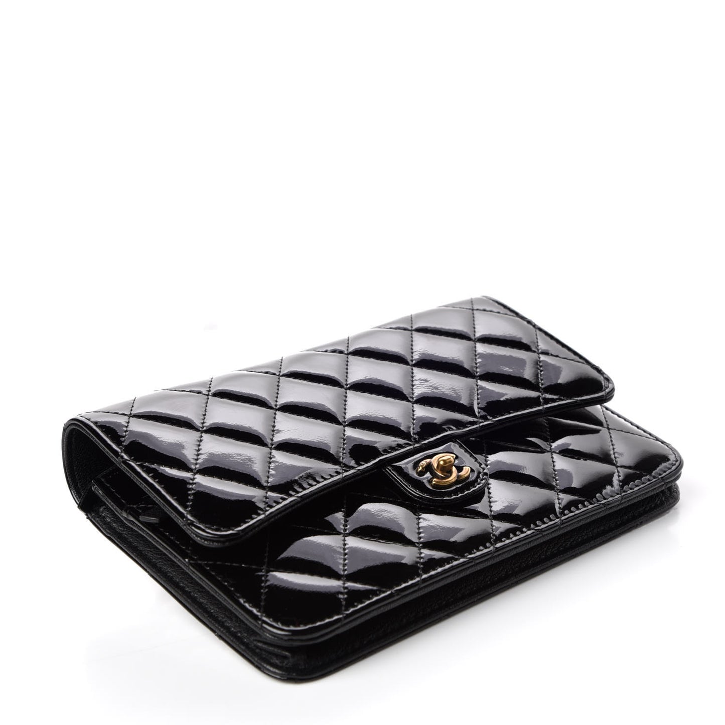 Patent Goatskin Quilted CC Eyelet Wallet On Chain WOC Black