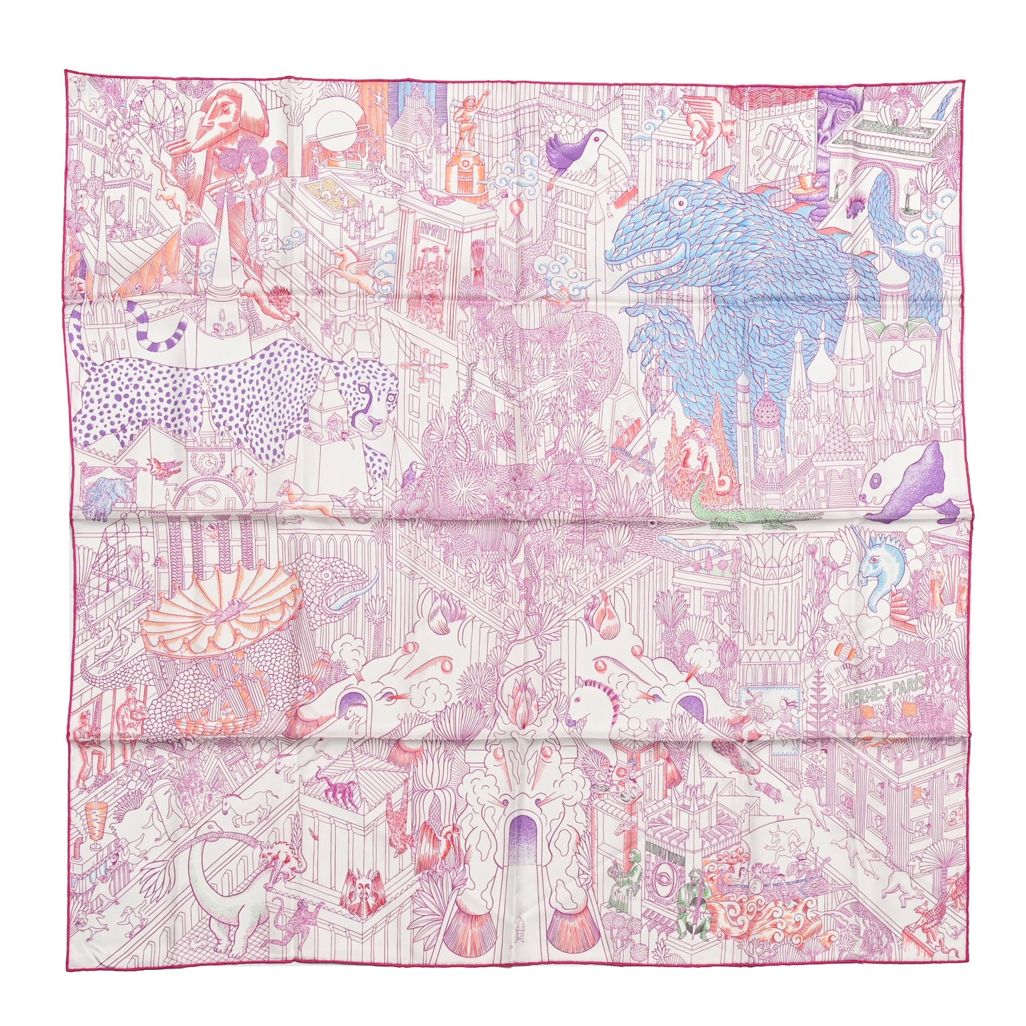 Silk Animapolis Scarf 90 White Fuchsia Multicolor