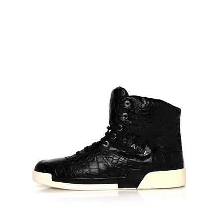 Chanel Calfskin Crocodile Embossed Mens Cocodile High Top Sneakers 45 Black 1 of 8