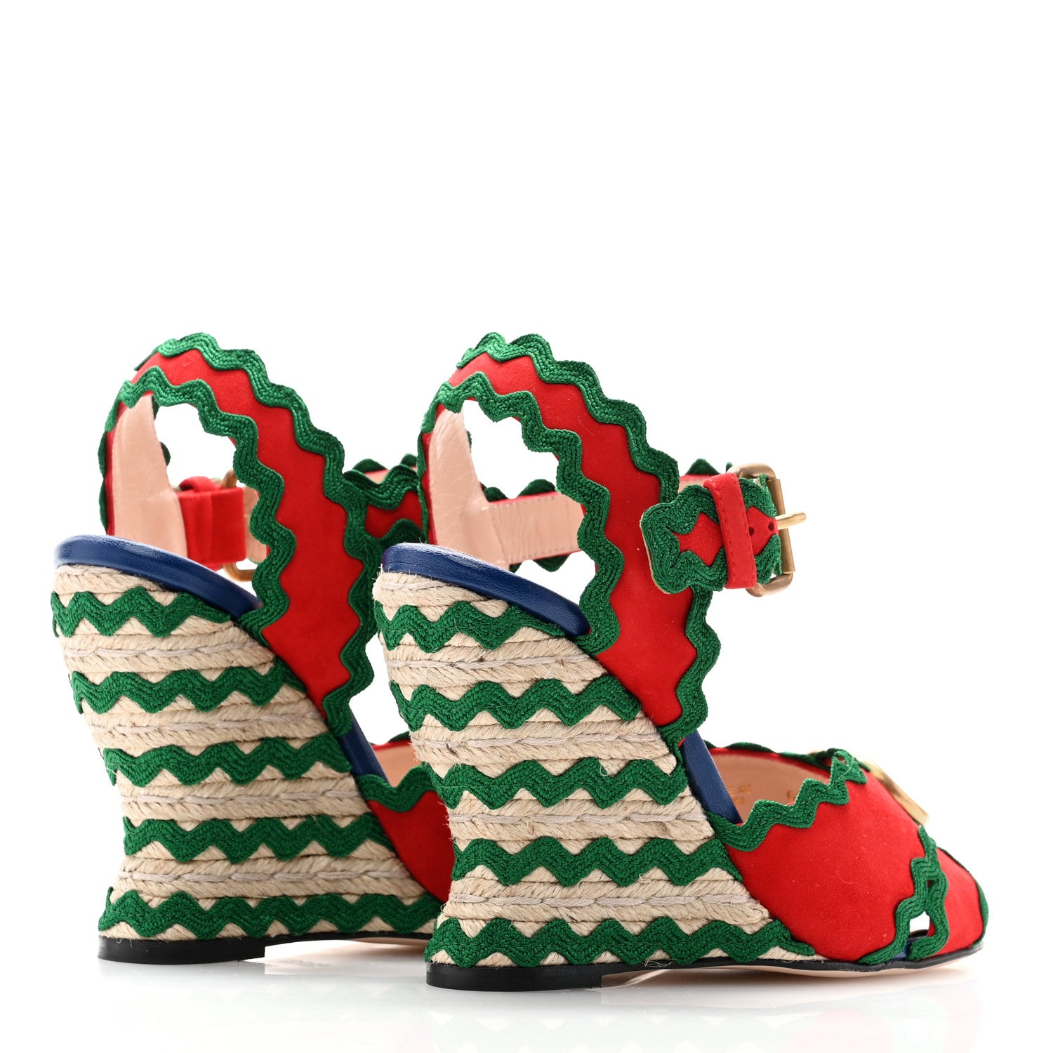 Gucci Kid Scamosciato Interlocking G Wavy Colorblock Wedge Sandals 38 Hibiscus Red Emerald 4 of 9