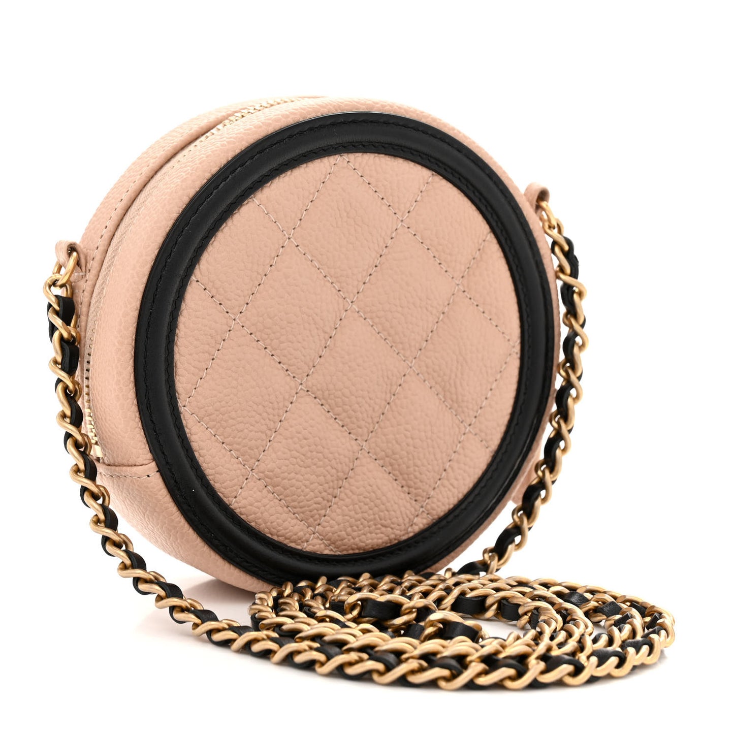 Caviar Quilted Round Filigree Crossbody Beige Black