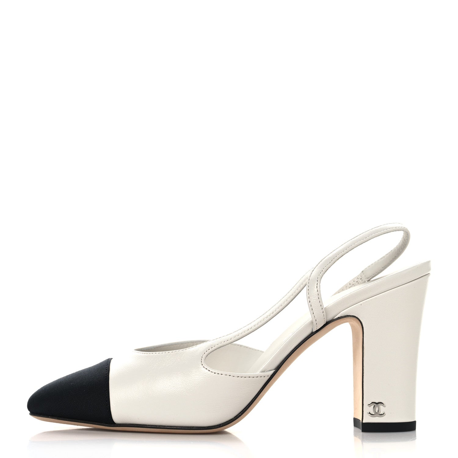 Chanel Lambskin Grosgrain Cap Toe CC Slingback Pumps 38.5 White Black 1 of 9