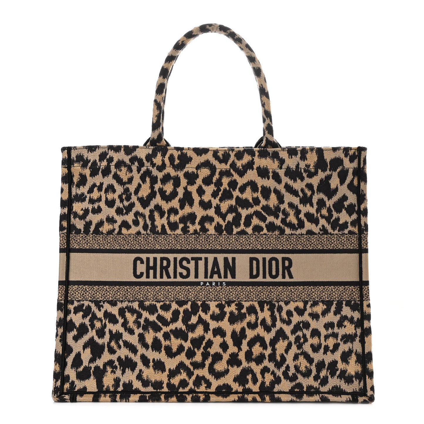 Canvas Mizza Embroidered Large Leopard Book Tote Beige