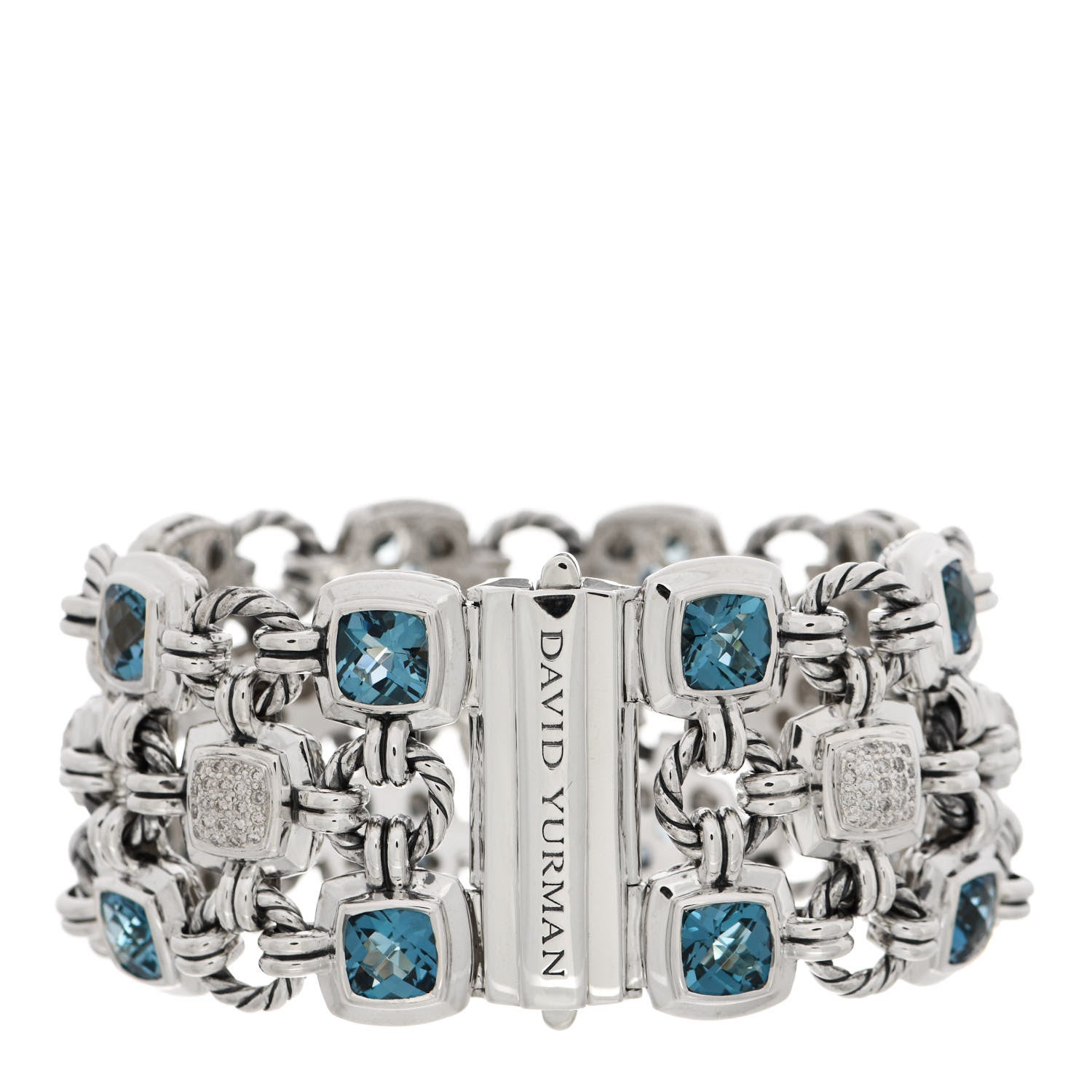 David Yurman Sterling Silver Diamond Hampton Blue Topaz Renaissance 3 Row Bracelet 2 of 4