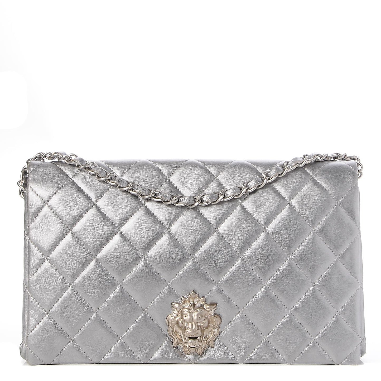 Metallic Lambskin Quilted Medium Leo Lion Flap Clutch Silver