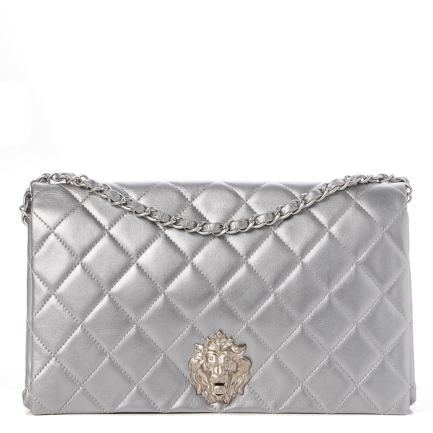 Chanel Metallic Lambskin Quilted Medium Leo Lion Flap Clutch Silver 1 of 8