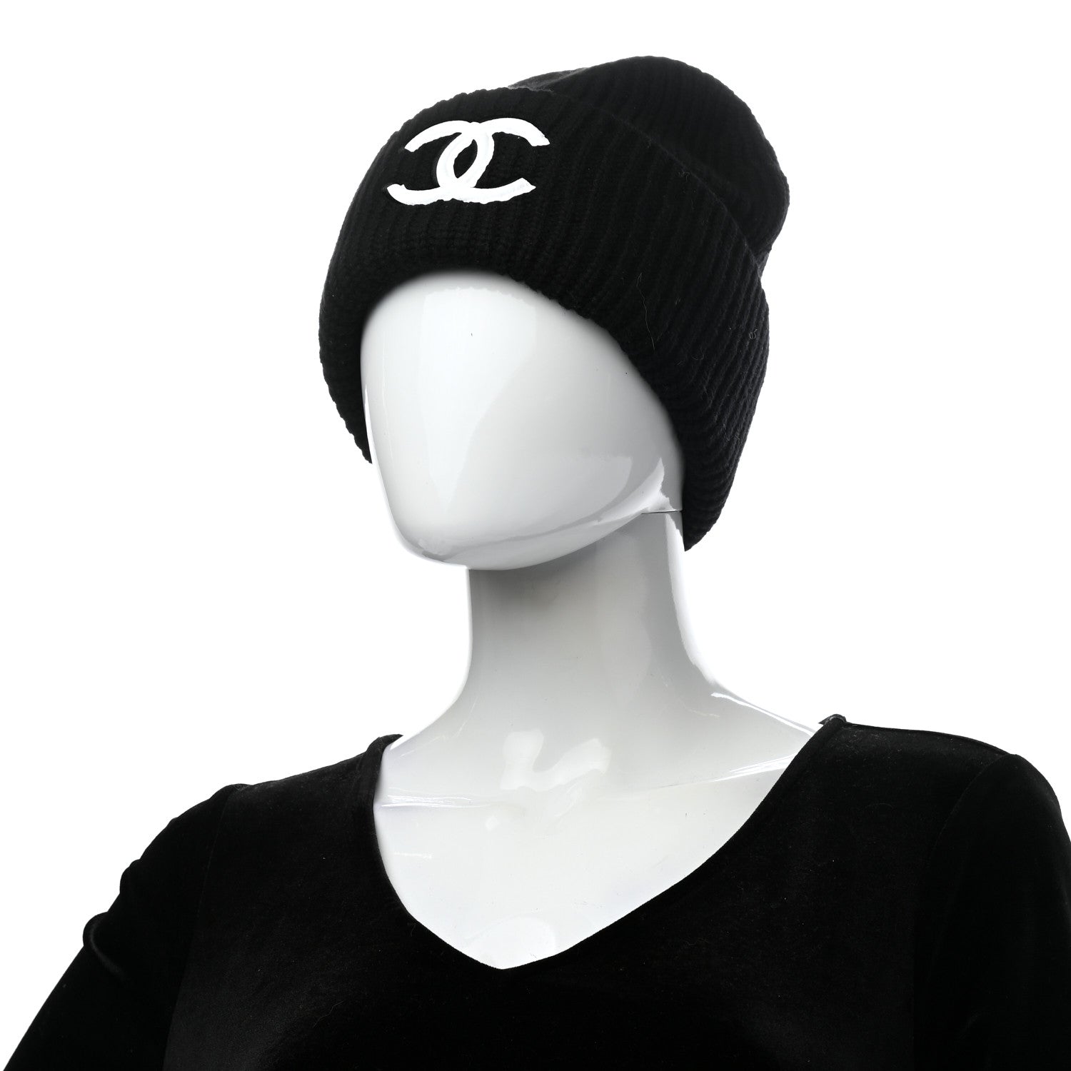 Chanel Wool Cashmere CC Beanie Hat Black White 2 of 4